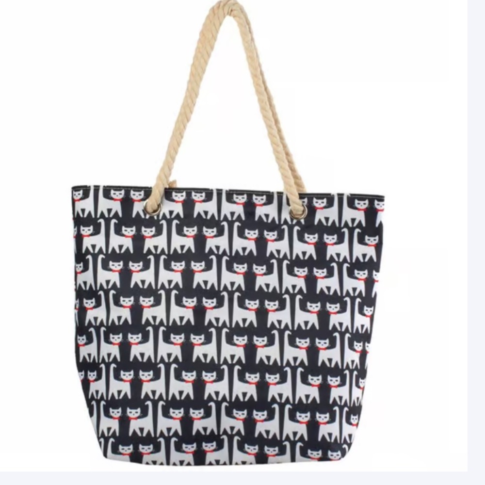 NWT Renshun Black & White Cat Print Canvas Tote Bag with Rope Handle